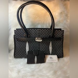 100% GENUINE 2SIDE SHAGREEN STING RAY BLACK LEATHER PURSE HANDBAG🖤🤍
